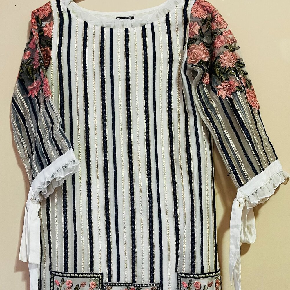 2 Piece Organza White, Blue & Pink Embroidered Suit - Pakistani/Indian